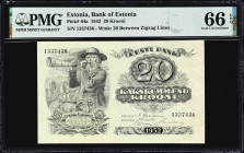 ESTONIA. Lot of (2). Bank of Estonia. 20 Krooni, 1932. P-64a. Consecutive. PMG Gem Uncirculated 66 EPQ.
Serial numbers 1337436-437. Gem consecutive s...