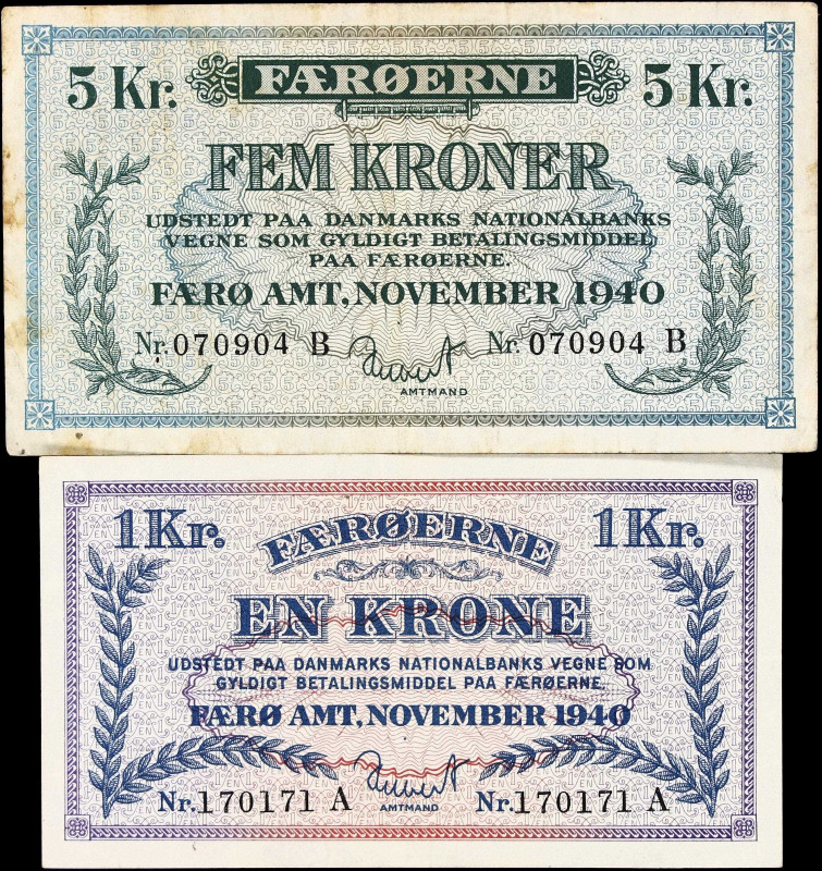 FAEROE ISLANDS. Lot of (2). Danmarks Nationalbank. 1 & 5 Kroner, 1940. P-9 & 10....
