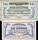 FAEROE ISLANDS. Lot of (2). Danmarks Nationalbank. 1 & 5 Kroner, 1940. P-9 & 10. Very Fine to Extremely Fine.
From the Al Kugel Collection.

Estima...