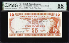 FIJI. Government of Fiji. 5 Dollars, ND (1970). P-61a. PMG Choice About Uncirculated 58.
Printed by TDLR. Fijian head watermark. Serial number A/1 00...