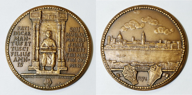 MANTOVA. Medaglia del Circolo Iconografico Virgiliano 1974. Veduta della cittÃ d...