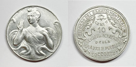 Montecatini (1920 circa). Buono da 10 cent Ricordo dei Bagni di Montecatini. Opus: G. Masetti -Fedi, Firenze Al; 3,00 gr; 26,5 mm

FDC