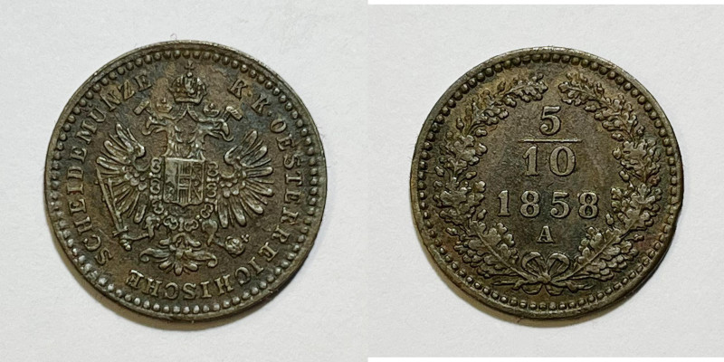 AUSTRIA. Francesco Giuseppe (1848-1916). 5/10 kreuzer 1858 A. KM 2182; Cu; 1,70g...