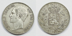 BELGIO. Leopoldo I. 5 Franchi 1865 KM 17; Ag; 25gr.

qSPL