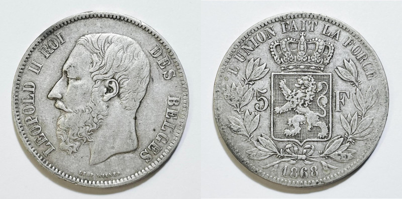 BELGIO. Leopoldo II (1865-1909). 5 franchi 1868. KM 24; Ag; 24,83gr

BB