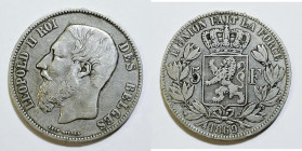 BELGIO. Leopoldo II (1865-1909). 5 franchi 1869. KM 24; Ag; 24,83gr

BB