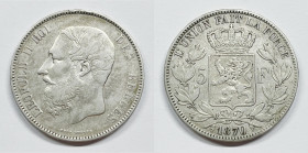 BELGIO. Leopoldo II. 5 Franchi 1870 KM 24; Ag; 25gr

BB