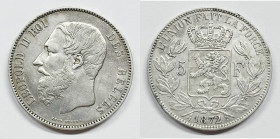 BELGIO. Leopoldo II. 5 Franchi 1872 KM 24; Ag; 25gr

qSPL