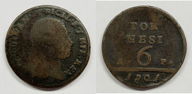 NAPOLI. Regno di Napoli. Ferdinando IV. 6 Tornesi 1801 P/R 15; AE;

qBB