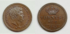 NAPOLI. Regno di Napoli. Ferdinando II. 2 TornesI 1843 Gig.251; CU;

qFDC