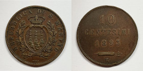 SAN MARINO. Vecchia monetazione (1864-1938). 10 centesimi 1893. Gig. 31; Cu; 10 gr

BB+