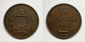 SAN MARINO. Vecchia monetazione (1864-1938). 10 centesimi 1894. Gig. 32; Cu; 10 gr

BB/SPL