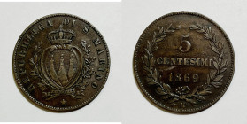 SAN MARINO. Vecchia Monetazione (1864-1938). 5 centesimi 1869. Gig.38; Cu

qSPL