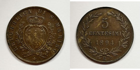 SAN MARINO. Vecchia monetazione (1864-1938). 5 centesimi 1894. Gig. 39; Cu; 5 gr

BB+