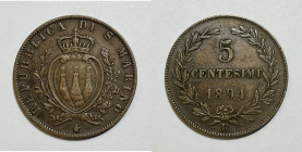 SAN MARINO. Vecchia Monetazione (1864-1938). 5 centesimi 1894. Gig.39; Cu

BB+