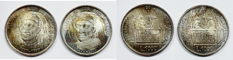 SAN MARINO. 1000 lire 1977 "Brunelleschi". Lotto di 2 esemplari. Gig.181. Ag

...