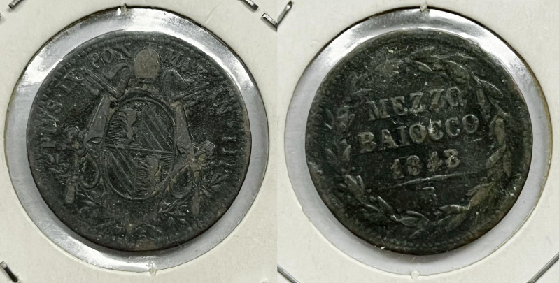 ROMA. STATO PONTIFICIO. Pio IX (1846-1870). Mezzo Baiocco 1848 An. III Gig. 239 ...