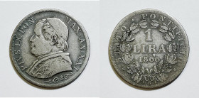 ROMA. STATO PONTIFICIO. Pio IX (1846-1870). 1 lira 1866, anno XXI, "busto grande". Gig. 297; Ag; 5gr

BB