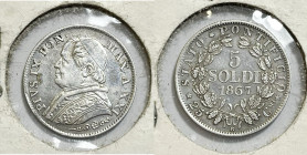 ROMA. STATO PONTIFICIO. Pio IX (1846-1870). 5 soldi 1867 KM 1375 ; Ag; 1,25gr

BB+