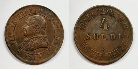 ROMA. STATO PONTIFICIO. Pio IX (1846-1870). 4 soldi 1866. Gig.316; Cu; 20 gr

qSPL