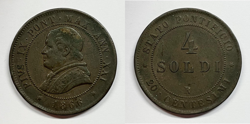 ROMA. STATO PONTIFICIO. Pio IX (1846-1870). 4 soldi 1866. Gig.316; Cu; 20 gr

...