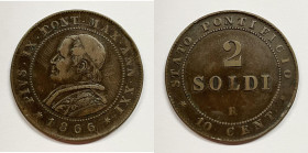 ROMA. STATO PONTIFICIO. Pio IX (1846-1870). 2 soldi 1866. Gig.323; Cu; 10 gr

BB