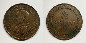 ROMA. STATO PONTIFICIO. Pio IX (1846-1870). 2 soldi 1867. Gig.324; Cu; 10 gr

BB+