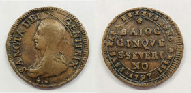 SAN SEVERINO. STATO PONTIFICIO. Pio VI (1775-1799). Madonnina da 5 baiocchi 1797 anno XXIII Muntoni 404; CU; 14,70gr.

BB
