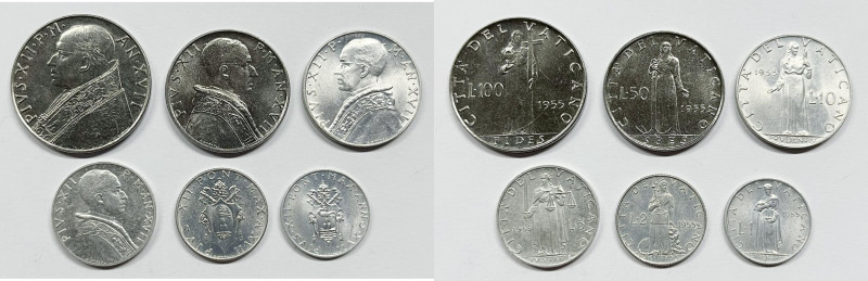 VATICANO. Pio XII (1939-1958). Serie di 6 valori 1955, anno XVII, da 100, 50 lir...