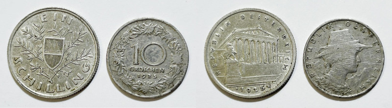 AUSTRIA. Lotto di 2 monete. 1 scellino 1925, 10 groschen 1925. Metalli e conserv...