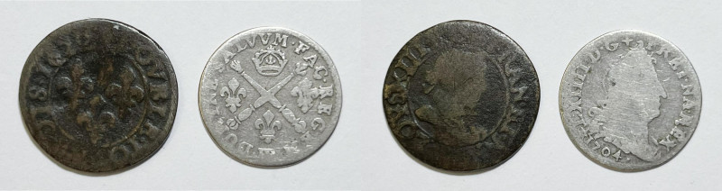 FRANCIA. Lotto di 2 monete. Luigi XIII Doppio tornese 1620; Luigi XIV 5 soles 17...