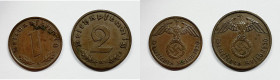 GERMANIA. III Reich. 2 pfennig 1936; 1 pfennig 1939. Lotto di 2 esemplari. Cu

SPL