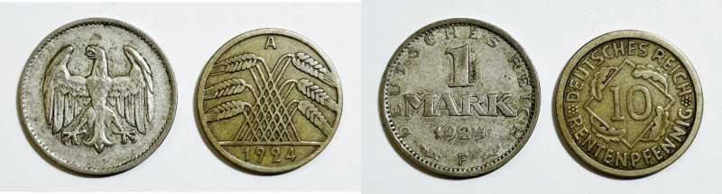 GERMANIA. Lotto di 2 monete. 1 marco 1924 F, 10 pfennig 1924 A.

BB