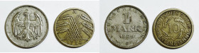 GERMANIA. Lotto di 2 monete. 1 marco 1924 F, 10 pfennig 1924 A.

BB