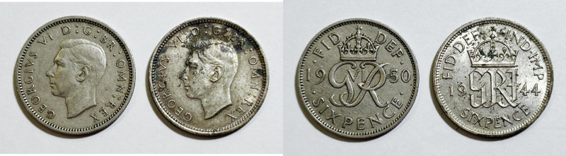 INGHILTERRA. Giorgio VI (1936-1952). Lotto di 2 monete. 6 pence 1944, 1950. Ag
...