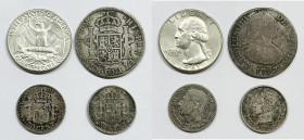 LOTTO di 4 monete in Ag. USA e Spagna e Messico. 2 reales Messico 1797, 50 cent 1885 e 1904, quarto dollaro 1961; Ag. Date, peso, titolo e condizioni ...