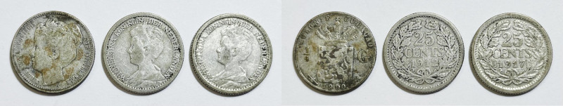 OLANDA. Guglielmina (1890-1948). Lotto di 3 monete. 1/4 gulden 1900, 25 centesim...