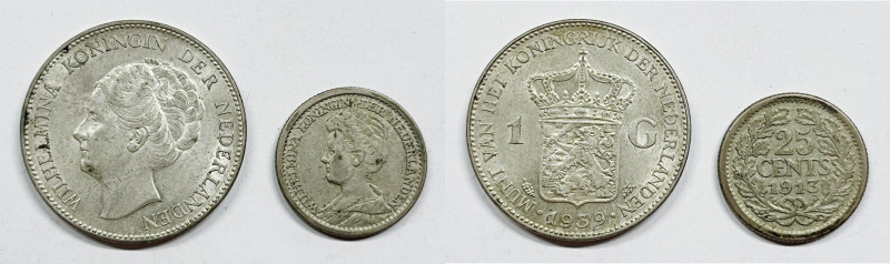 OLANDA. Guglielmina. LOTTO di 2 monete in Ag: 1 Gulden e 25 cent Ag; Date, peso,...