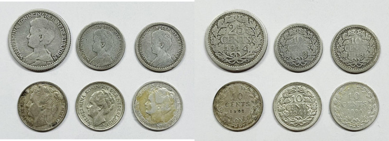 OLANDA. Guglielmina. LOTTO di 6 monete in Ag: 10 e 25 cent Ag; Date, peso, titol...