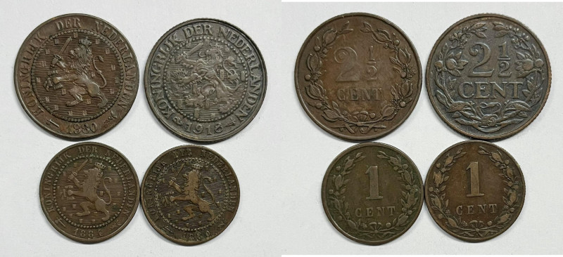 OLANDA. Lotto di 4 monete 1 cent e 2 1/2 cent Cu; Date, peso, titolo e condizion...