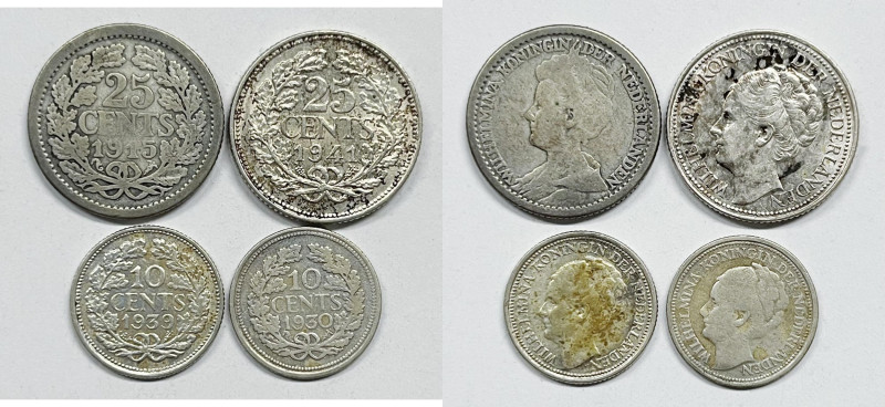 OLANDA. Lotto di 4 monete in Ag da 10 e 25 Cent Ag; Date, peso, titolo e condizi...