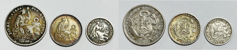 PERU'. 1/5 di sol 1900, 1 dinero 1903, 1/2 dinero.1898. Lotto di 3 esemplari. Ag...