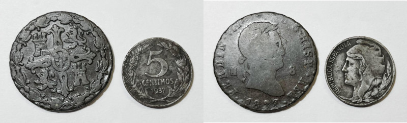 SPAGNA. Lotto di 2 monete. 8 maravedis 1827 e 5 centimos 1937 Metalli e Conserva...