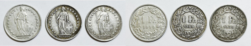 SVIZZERA. Lotto di 3 monete. 1 franco 1939, 1944, 1959. Ag

BB/SPL