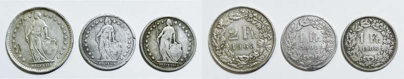 SVIZZERA. Lotto di 3 monete. 2 franchi 1963; 1 franco 1908, 1909 Ag

MB/BB