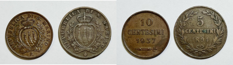 SAN MARINO. Vecchia Monetazione (1864-1938). 10 centesimi 1937, 5 centesimi 1894...
