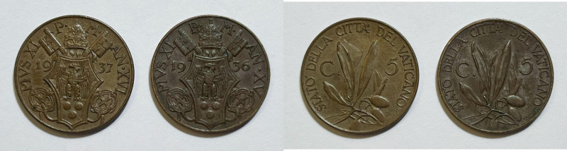 VATICANO. Pio XI (1929-1938). 5 centesimi 1936, 1937. Lotto di 2 esemplari. Cu
...