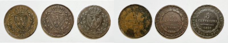 REGNO DI SARDEGNA. Lotto di 3 monete da 5 centesimi 1826 Cu; Date e conservazion...