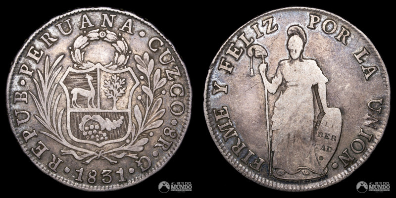 Peru, Cuzco. 8 Reales 1831 G. Nota. Posible sobrefecha 1831. Plata 903; 39mm; 26...