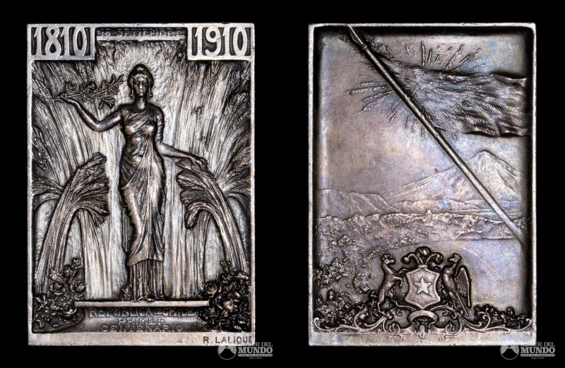 Chile. 1810-1910. Chile. Primer Centenario. Grabador. Rene Lalique. Plata 60x43m...